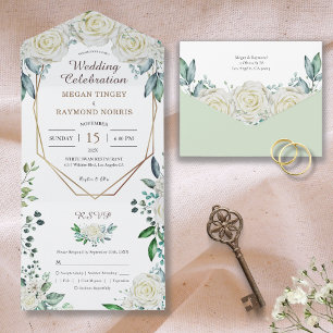 Invitation Tout En Un Sage géométrique Vert verdure & Roses blanches Rus