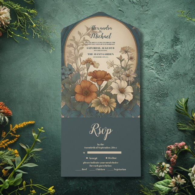 Invitation Tout En Un Sage Green Art Nouveau Alphonse Mucha Mariage (Créateur téléchargé)