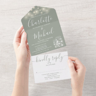 Invitation Tout En Un Sage Green Chaîne Lumières Mason Jars Mariage