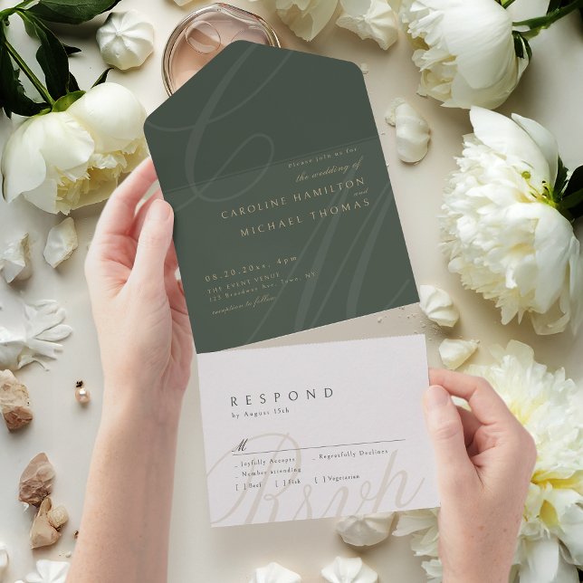 Invitation Tout En Un Sage Green Classic Élégance calligraphie monogramm (Sage Green Classic Elegance calligraphy monogram All In One Invitation)