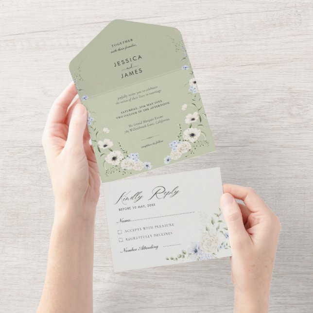 Invitation Tout En Un Sage Green | Detachable RSVP | Minimalist Wedding (Déchirure)