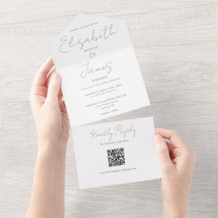 Invitation Tout En Un Sage Green Elegant Script QR Code Mariage