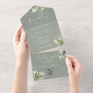 Invitation Tout En Un Sage Green Enfin Arch Greenery Mariage de code QR