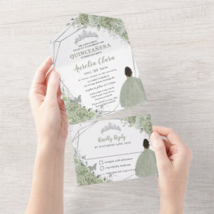 Invitation Tout En Un Sage Green Floral Brown fille 15 Silver Quinceaner