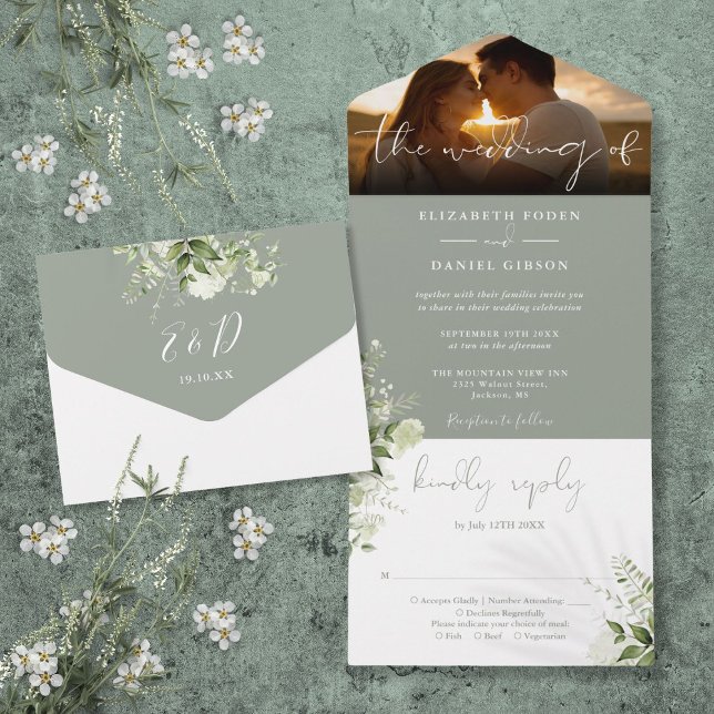 Invitation Tout En Un Sage Green Floral Greenery Mariage Photo (Sage Green Floral Greenery Wedding Photo All In One Invitation)