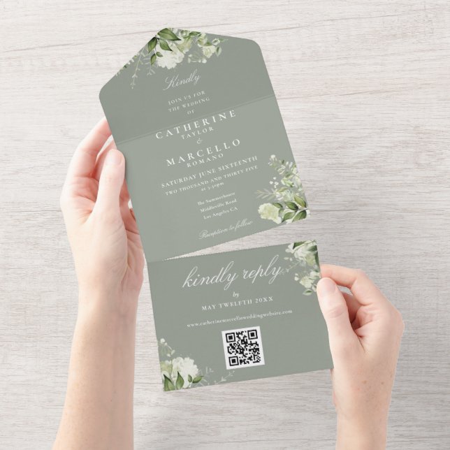 Invitation Tout En Un Sage Green Floral Greenery QR Code Mariage (Déchirure)