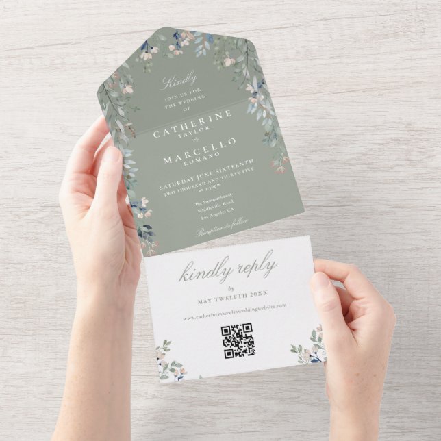 Invitation Tout En Un Sage Green Floral Greenery QR Code Mariage (Déchirure)