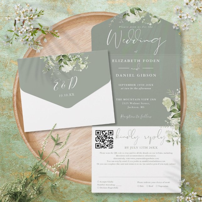 Invitation Tout En Un Sage Green Floral Monogramme QR Code Mariage (Sage Green Floral Monogram QR Code Wedding All In One Invitation)