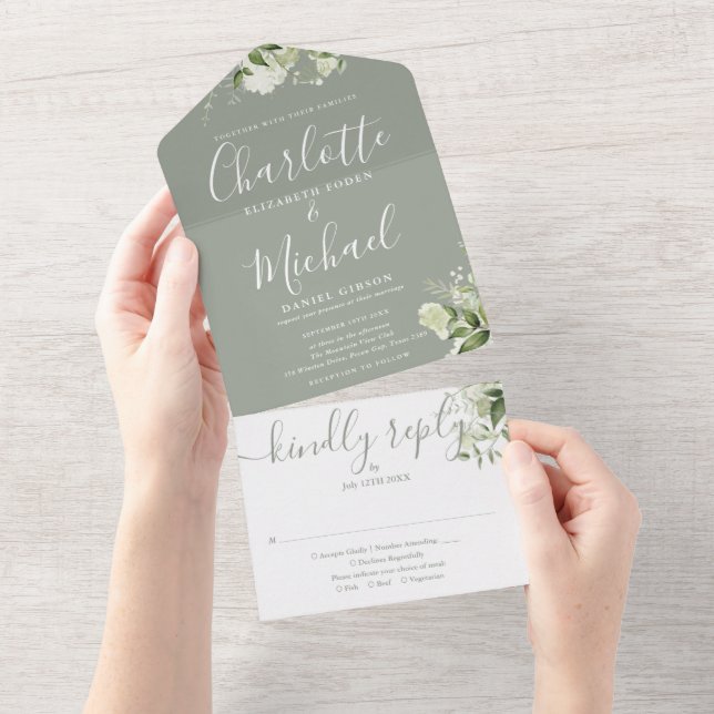 Invitation Tout En Un Sage Green Floral Script Monogramme Mariage (Déchirure)
