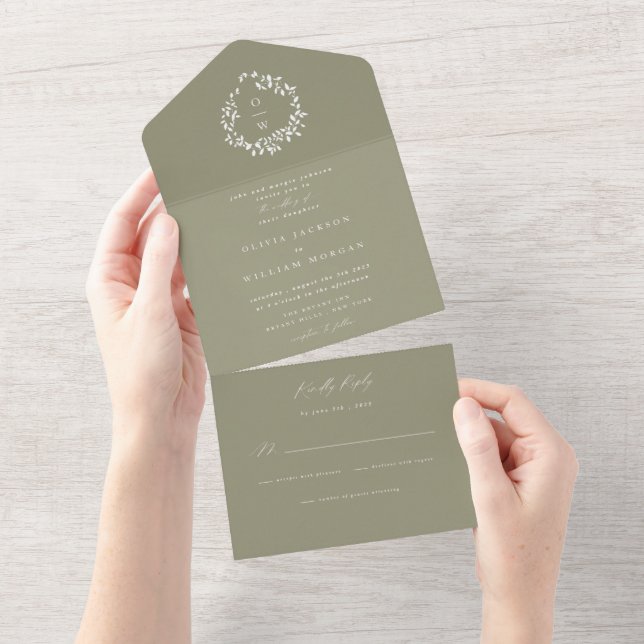 Invitation Tout En Un Sage Green Foliage Crest All in One Wedding Invita (Déchirure)