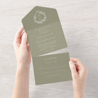 Invitation Tout En Un Sage Green Foliage Crest All in One Wedding Invita
