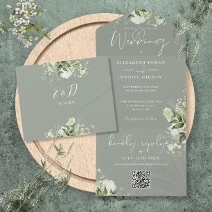 Invitation Tout En Un Sage Green Folial Floral QR Code Monogramme Mariag