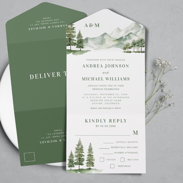 Invitation Tout En Un Sage Green Forest Mountain Rustic Nature Mariage (Créateur téléchargé)