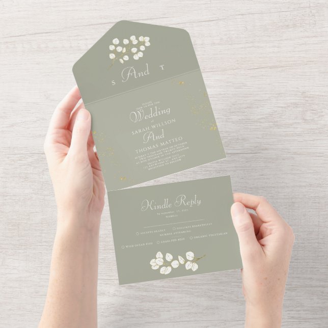 Invitation Tout En Un Sage Green Gold Feuilles Mariage de verdure tout e (Déchirure)