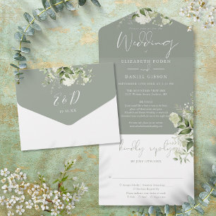 Invitation Tout En Un Sage Green Greenery Détails Floral RSVP Mariage