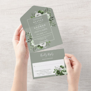 Invitation Tout En Un Sage Green Moderne Botanique Floral Mariage