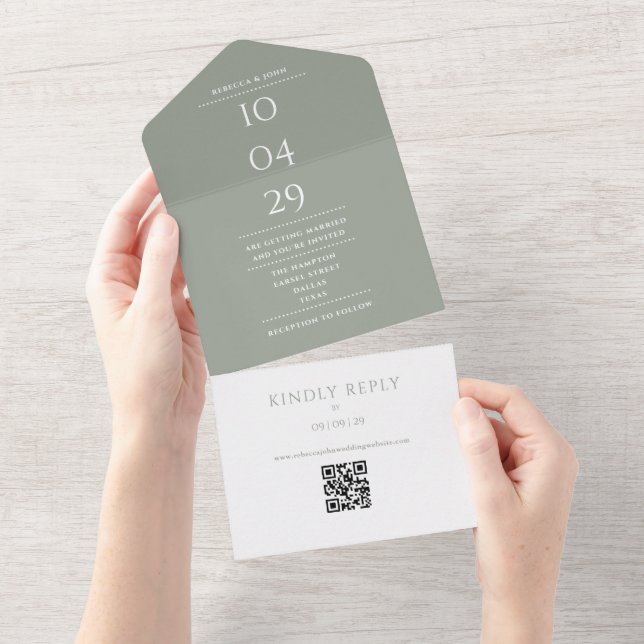 Invitation Tout En Un Sage Green Monogramme QR Code Mariage Date (Déchirure)