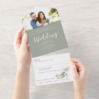 Invitation Tout En Un Sage Green Photo RSVP Mariage Seal et Envoyer Suit