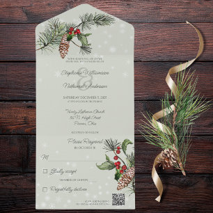 Invitation Tout En Un Sage Green Pine & Holly dans Snow QR Code