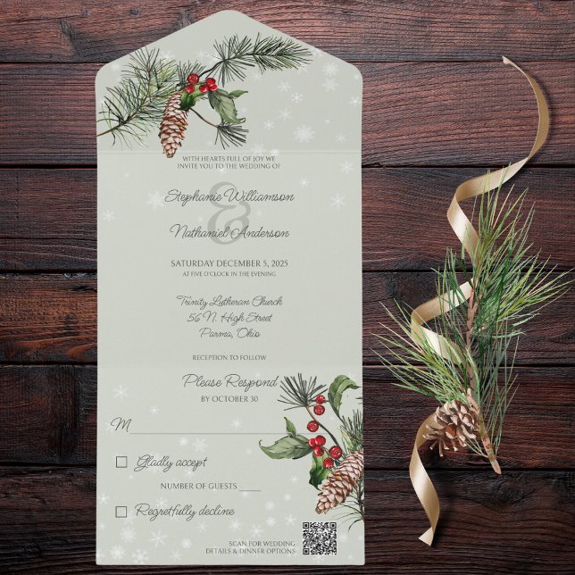 Invitation Tout En Un Sage Green Pine & Holly dans Snow QR Code (Also available without QR code. )