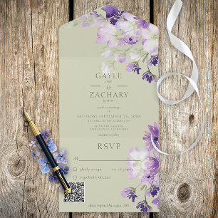 Invitation Tout En Un Sage Green Purple Boho Floral QR Code