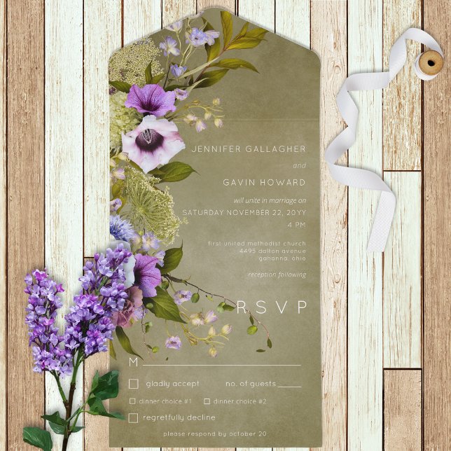 Invitation Tout En Un Sage Green & Purple Floral Dîner Moderne (Créateur téléchargé)