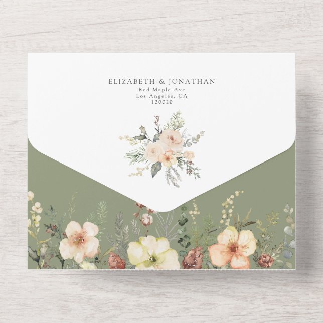 Invitation Tout En Un Sage Green QR RSVP Floral Gold Foil Mariage d'hive (Verso)