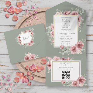 Invitation Tout En Un Sage Green Roses Floral QR Code Mariage
