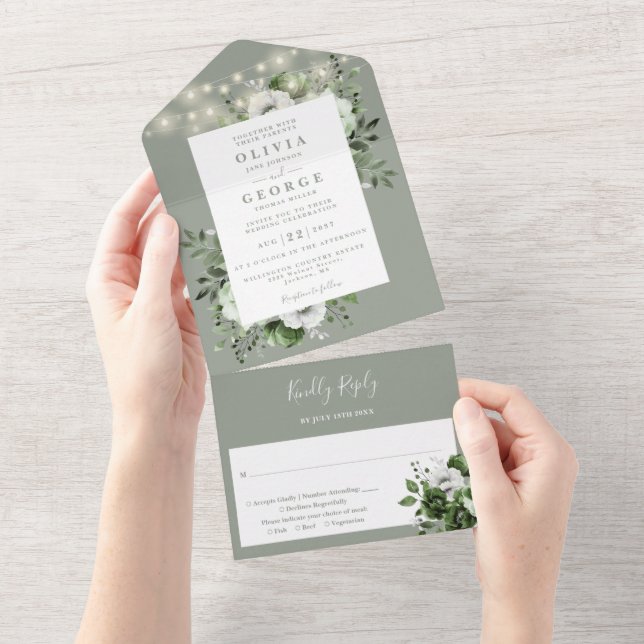 Invitation Tout En Un Sage Green Rustic String éclaire le Mariage floral (Déchirure)