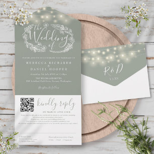 Invitation Tout En Un Sage Green String éclaire Floral QR Code Mariage