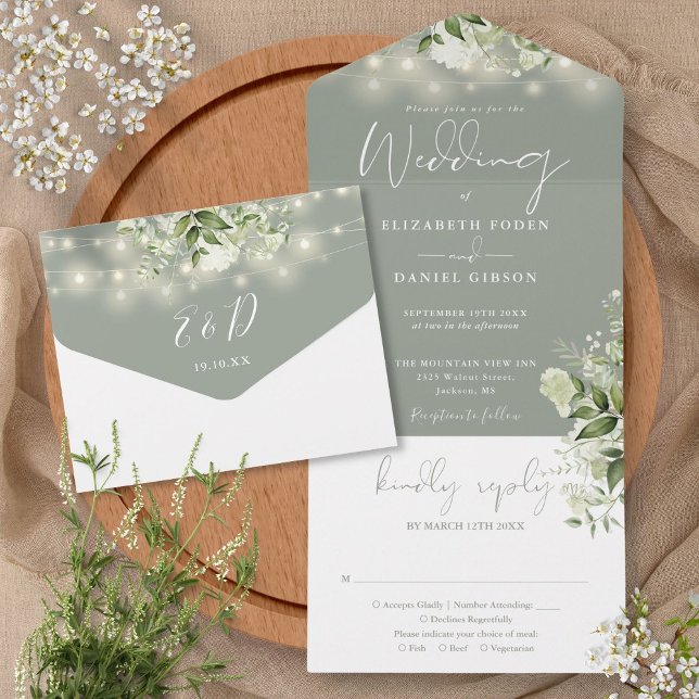 Invitation Tout En Un Sage Green String Lights Verdure Monogramme Mariag (Sage Green String Lights Greenery Monogram Wedding All In One Invitation)