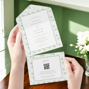 Invitation Tout En Un Sage Green Toile Vintage Floral Classic Mariage