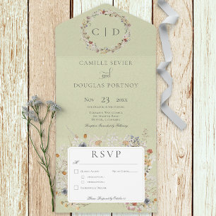 Invitation Tout En Un Sage Green Vintage Fleur sauvage Dîner romantique
