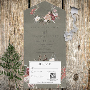 Invitation Tout En Un Sage Green Vintage Floral Wreath QR Code