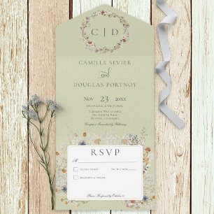 Invitation Tout En Un Sage Green Vintage Romantique Fleur sauvage Non Dî