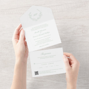 Invitation Tout En Un Sage Green Wreath Monogramme QR Code Mariage éléga