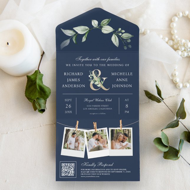 Invitation Tout En Un Sage Greenery Gold Esperluette QR Code Mariage Nav (Créateur téléchargé)
