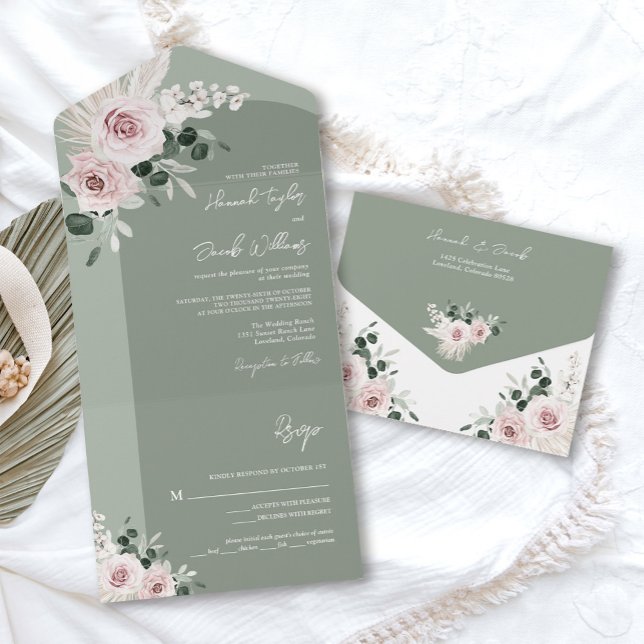 Invitation Tout En Un Sage Greenery Rose Floral Dusty Rose Mariage (sage green pink floral rose wedding invitation)