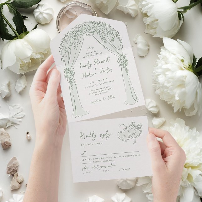 Invitation Tout En Un Sage Hand Drawn Floral Arch Whimsical Wedding (Sage Hand Drawn Floral Arch Whimsical Wedding All In One Invitation)