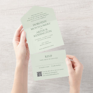 Invitation Tout En Un Sage moderne vert QR Code élégant mariage