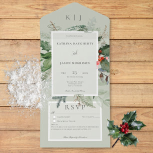 Invitation Tout En Un Sage Rustique Détails de Houx et de Pin de l'Hiver