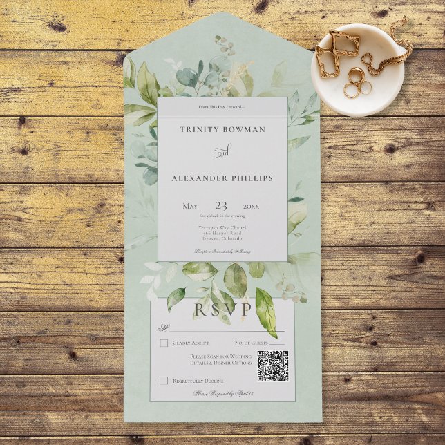 Invitation Tout En Un Sage rustique Végétation naturelle Code QR (Also available without a QR code; with or without dinner selection options.)