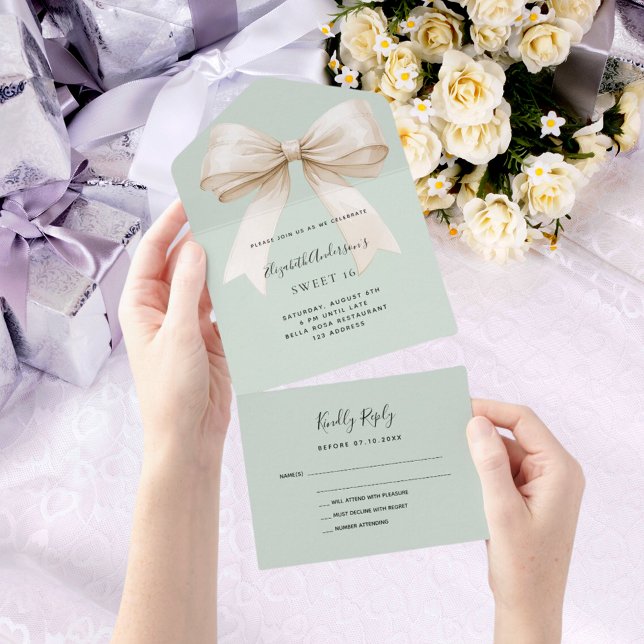 Invitation Tout En Un Sage vert beige crème arc Sweet 16 rsvp (Créateur téléchargé)
