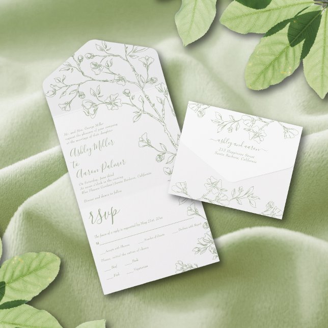 Invitation Tout En Un Sage vert et blanc ligne d'art fleurs mariage tous (Créateur téléchargé)