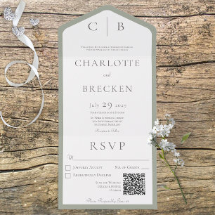 Invitation Tout En Un Sage vert et blanc Monogramme minimum QR Code