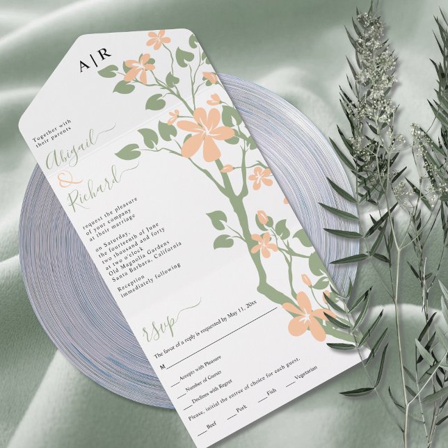 Invitation Tout En Un Sage vert et pêche branche avec fleurs mariage a (Créateur téléchargé)