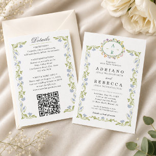 Invitation Tout en Un Sage Vert Fleurs Françaises Mariage