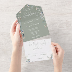 Invitation Tout En Un Sage Vert Floral Coeurs de script minimaliste Mari