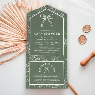 Invitation Tout En Un Sage Vert Ligne d'Art Coquette Arc Baby Shower