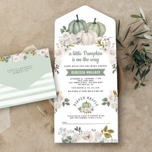 Invitation Tout En Un Sage Vert Petit Citrouille Fête de Bébé Florale Bl